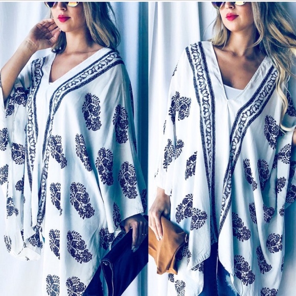 New LAST 1 Boho Bohemian Oversized Flowy Kimono Top white Black Mixed Print Top - Picture 12 of 15